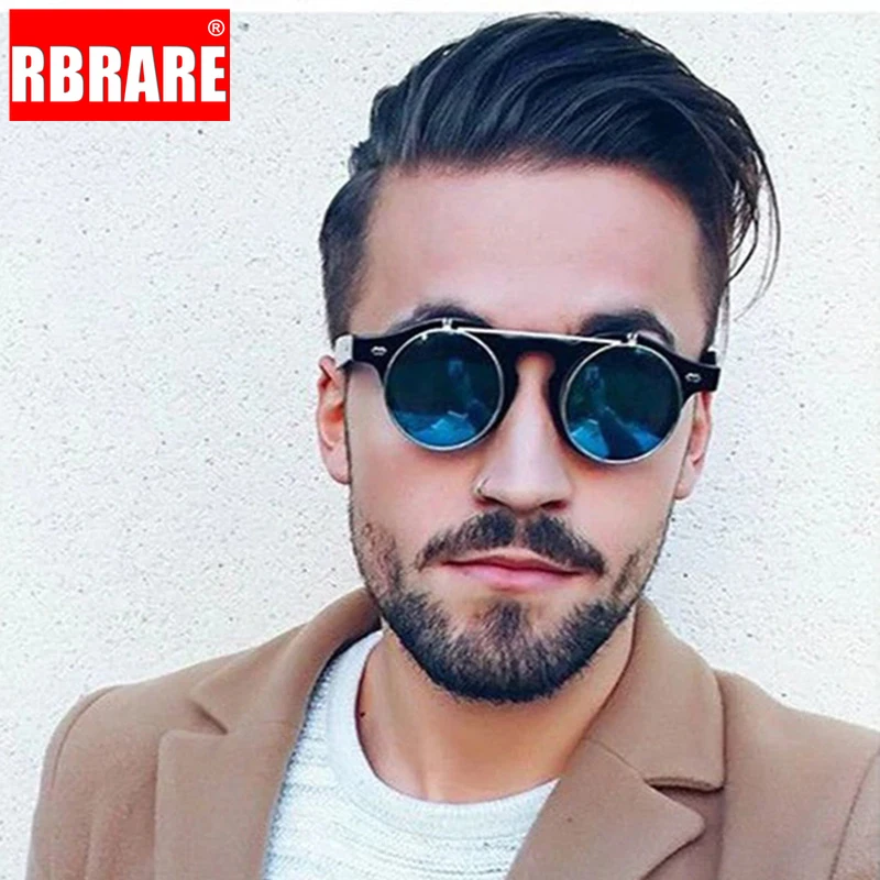 RBRARE, Круглые, в стиле панк, с откидной крышкой, солнцезащитные очки для мужчин, фирменный дизайн, сплав, оправа, Ретро стиль, женские солнцезащитные очки, отражающие, зеркальные, уличные