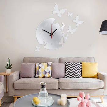 

3D Acrylic Butterflies Wall Clock Siliver Mirror Quart Wall Clock Sticker Needle Movement Fashion For Home Living Room DIY Decor