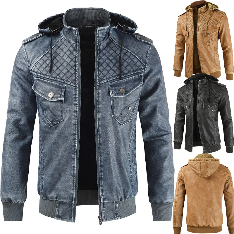 

2019 Foreign Trade Amazon Cross Border Men Deconstructable Hooded Leather Coat plus Velvet Warm Stand Collar Slim Fit MEN'S Jack