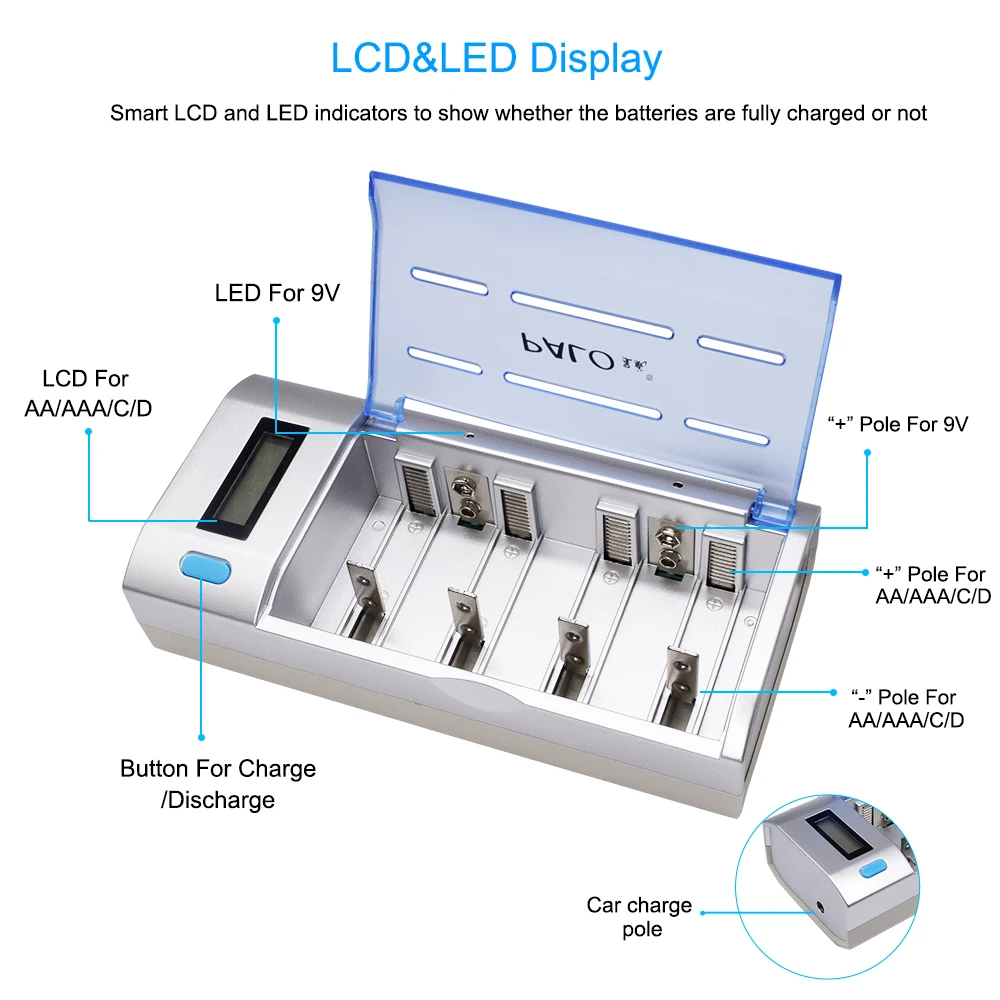 PALO 8pcs D size rechargeable battery type 1.2V 8000mAh NI-MH + smart fast charging LCD charger for Dsize D size type
