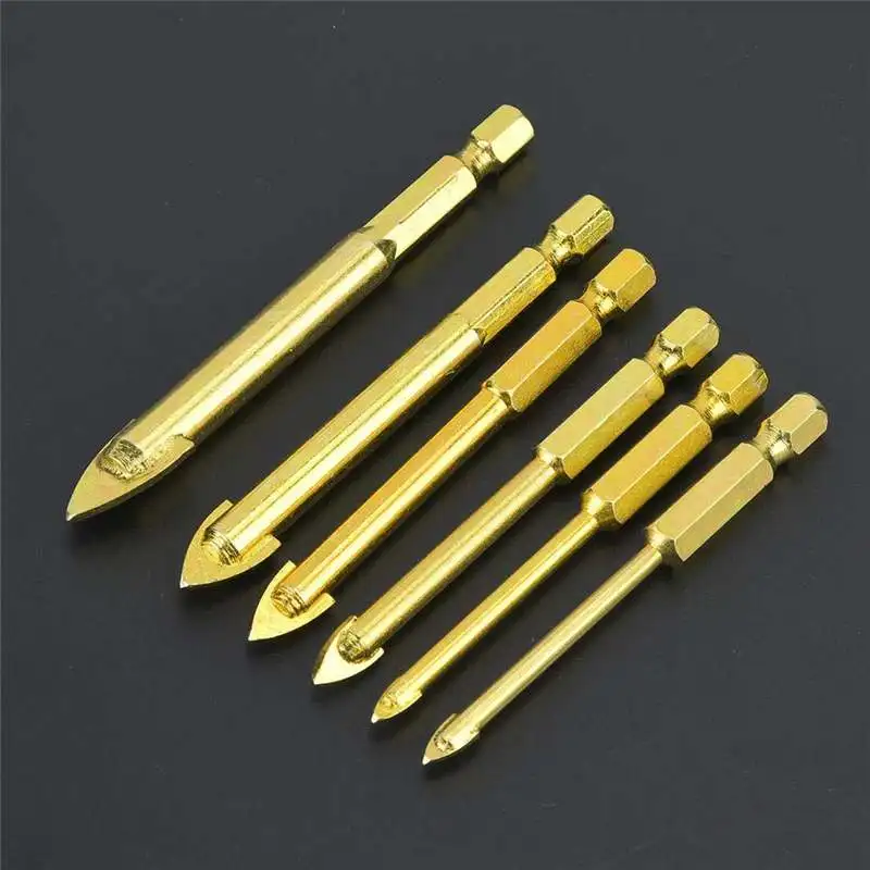 6PCS Hex Shank Tungsten Carbide Glass Drill Bit Titanium Coated Power Tools Accessories Wall Glass Hole Drill 4/5/6/8/10/12mm