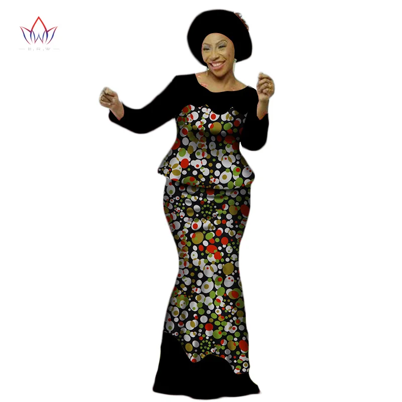 Africa Style Bazin Riche Dresses for Women Two Pieces Set Women Long Sleeve Tops and Long African Print Skirt Plus Size WY2454 - Цвет: 22