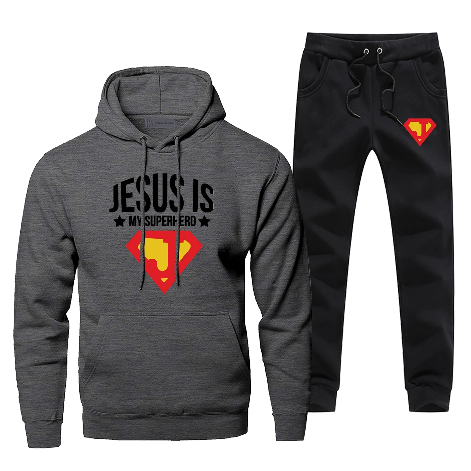 Модные мужские толстовки и штаны, комплекты из 2 предметов, Jesusic Is My Superhero, забавные мужские толстовки, осенне-зимние толстые флисовые теплые спортивные костюмы