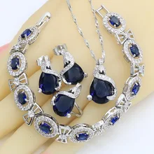 Темно-синие полудрагоценные 925 Серебряные Ювелирные наборы для женщин браслет Серьги Гвоздики ожерелье кулон подарочные коробки для колец