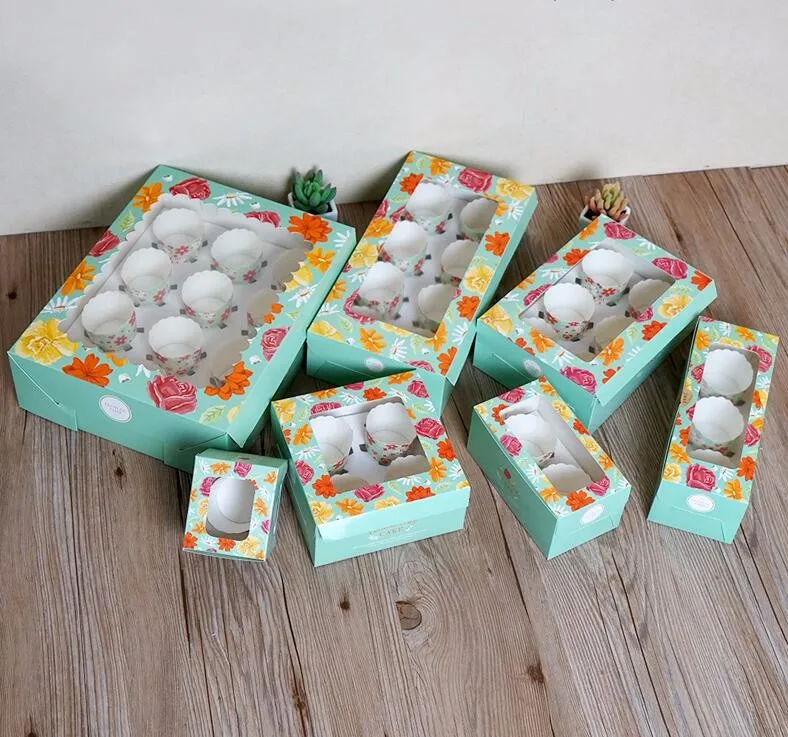 

Light green Muffin packaging 3 cupcake box with insert,Kraft paper cake box with clear pvc window, 4 cupcake packing craft box
