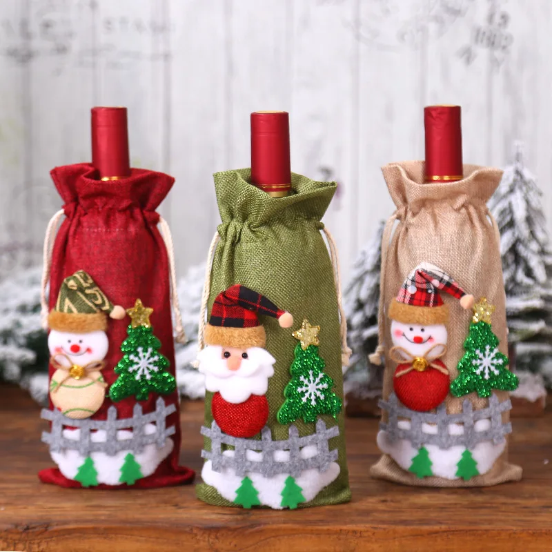 

Christmas Tree Santa Clause Wine Bottle Cover Snowman Cartoon Champagne Bottle Cover Christmas Party Dinner Table Decor for Home