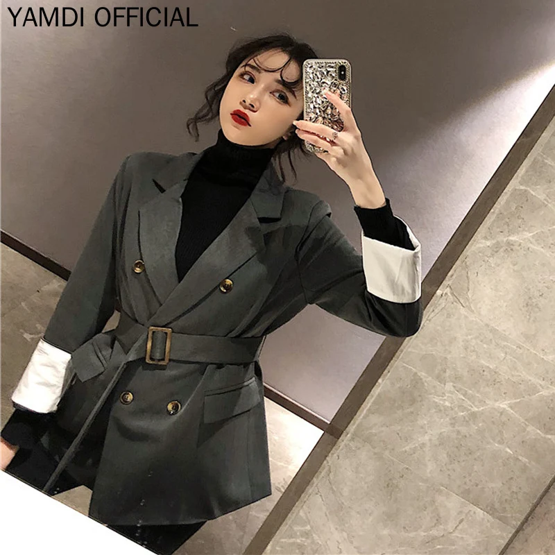 YAMDI женский винтажный Блейзер, куртка на осень и зиму, костюмы Верхняя одежда, двубортный пояс со шнуровкой, однотонное серое пальто в Корейском стиле