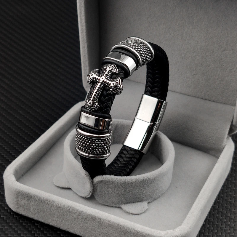 Punk MingAo Charm Stainless Steel Cross Leather Bracelet Man Charm 12*6 Black Woven Name Bracelet Magnet Clasp Brown Gift Bracelet Jewelry