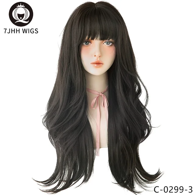 7JHH Black Brown Long Wavy Wig With Fluffy Bangs For Women To Wear Daily Heat-Resistant Synthetic Wig C-0299-3