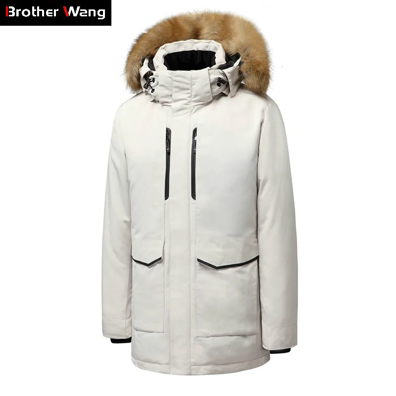 Новинка, зимняя мужская длинная куртка на белом утином пуху, деловая мода, утолщенная теплая парка с меховым воротником и капюшоном, Брендовые мужские пальто