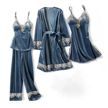 Повседневная Осенняя Новинка, 4 предмета, ночная рубашка и халат, Женская домашняя одежда, ночная рубашка, пикантная Пижама, ночное белье, кимоно, домашний халат, Халат