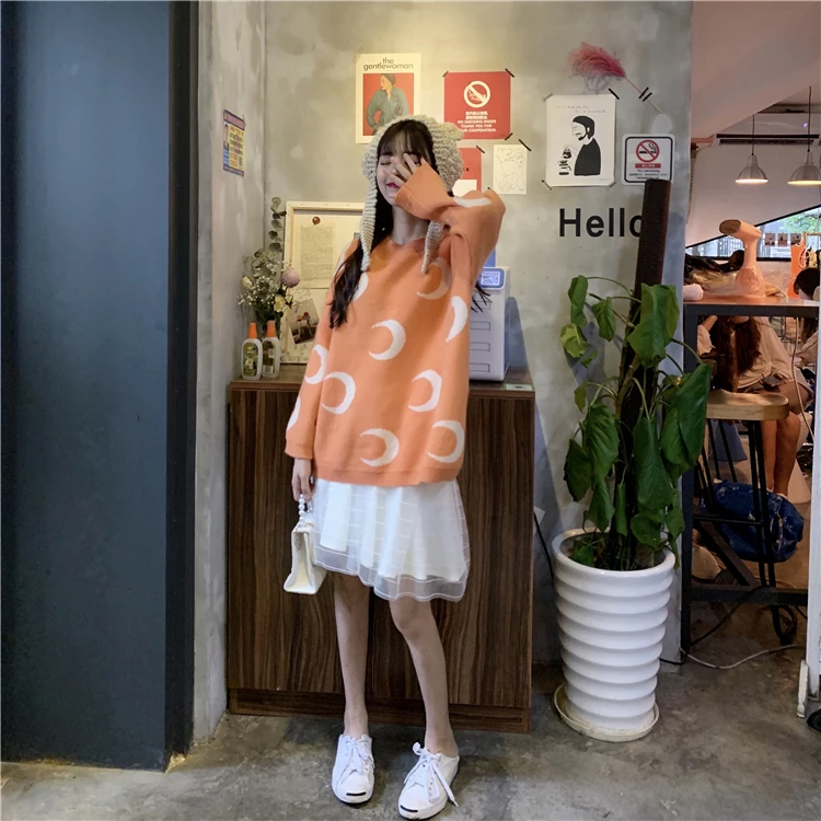Neploe Pull Femme Новые повседневные джемперы с Луной для женщин милый трикотаж корейские свитера с длинными рукавами и пуловеры 54104