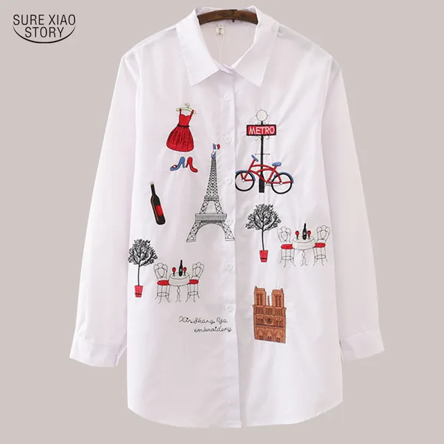 US $10.58 New White Women Blouse 19 Long Sleeve Cotton Embroidery Blouse Lady Casual Button Design Turn Down 