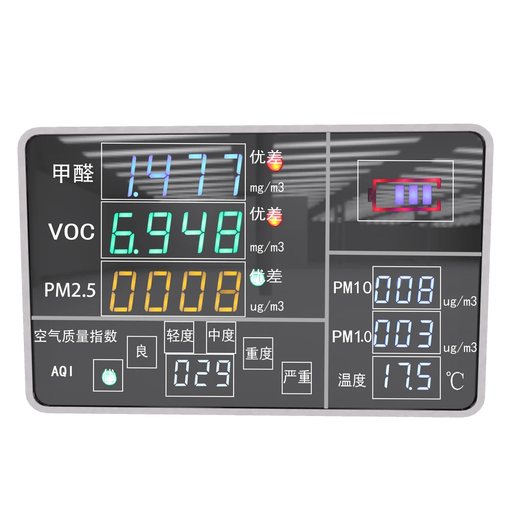

Digital Display HCHO VOC PM2.5 PM10 PM1.0 Detector Air Quality Analyzer Thermometer and Display Battery Power