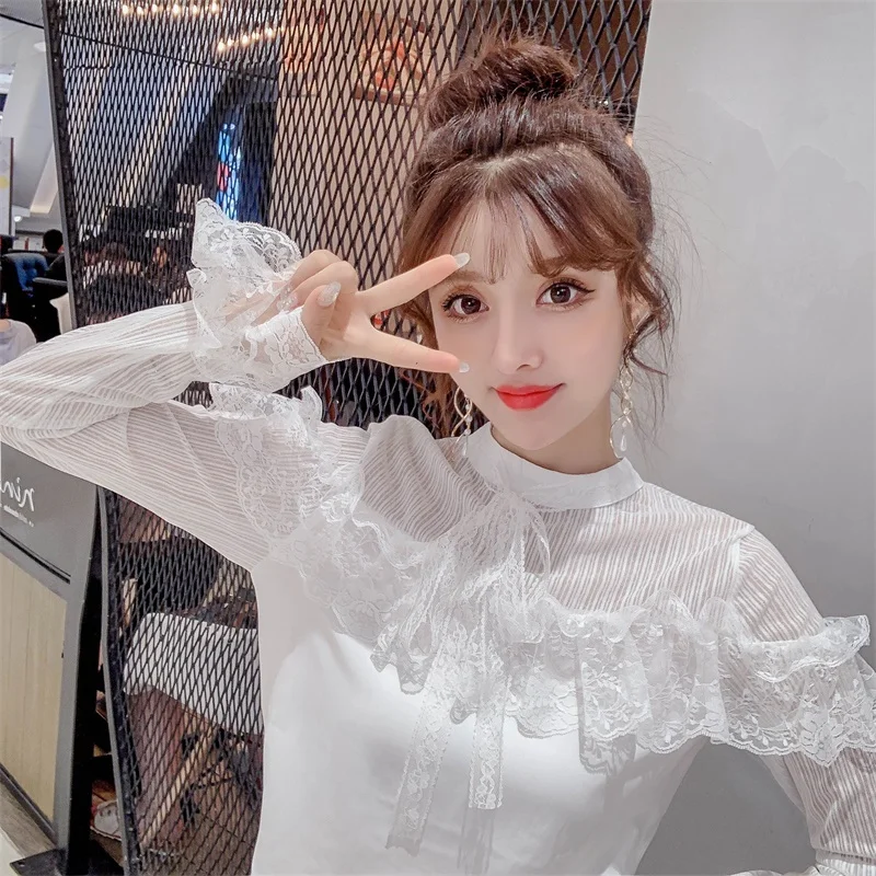 

COIGARSAM Casual Lace blouse women Spring Cute Full Sleeve Chiffon Mesh blusas womens tops and blouses White 8820