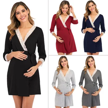 

Cross-border women's 2020 new European and American explosions lace lace stitching seven-sleeve V-neck maternity dress