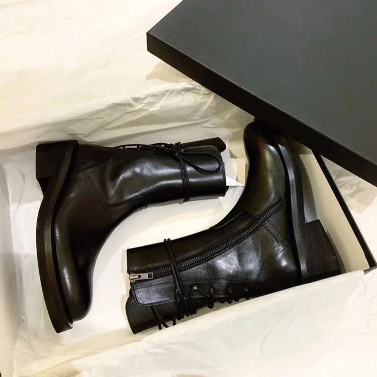 Черные ботинки на шнуровке женские дизайнерские ботинки до середины икры с ремешком сзади на шнуровке г. Осенне-зимние модные рыцарские сапоги с боковой молнией женская обувь INS