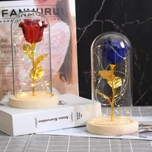 Красавица и Чудовище красная роза в стеклянном куполе на деревянной основе для подарков на день Святого Валентина светодиодный лампы с розами украшения Рождественского дома