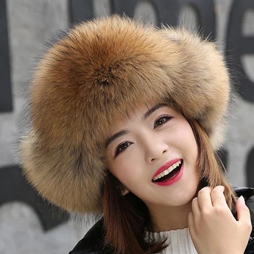 raccoon fur Шапки-бомберы из натурального Лисьего меха, зимние теплые женские сантехнические шапки с натуральным мехом Vos Bont, серьги, шапки, роскошные качественные меховые шапки для русской леди - Цвет: raccoon fur
