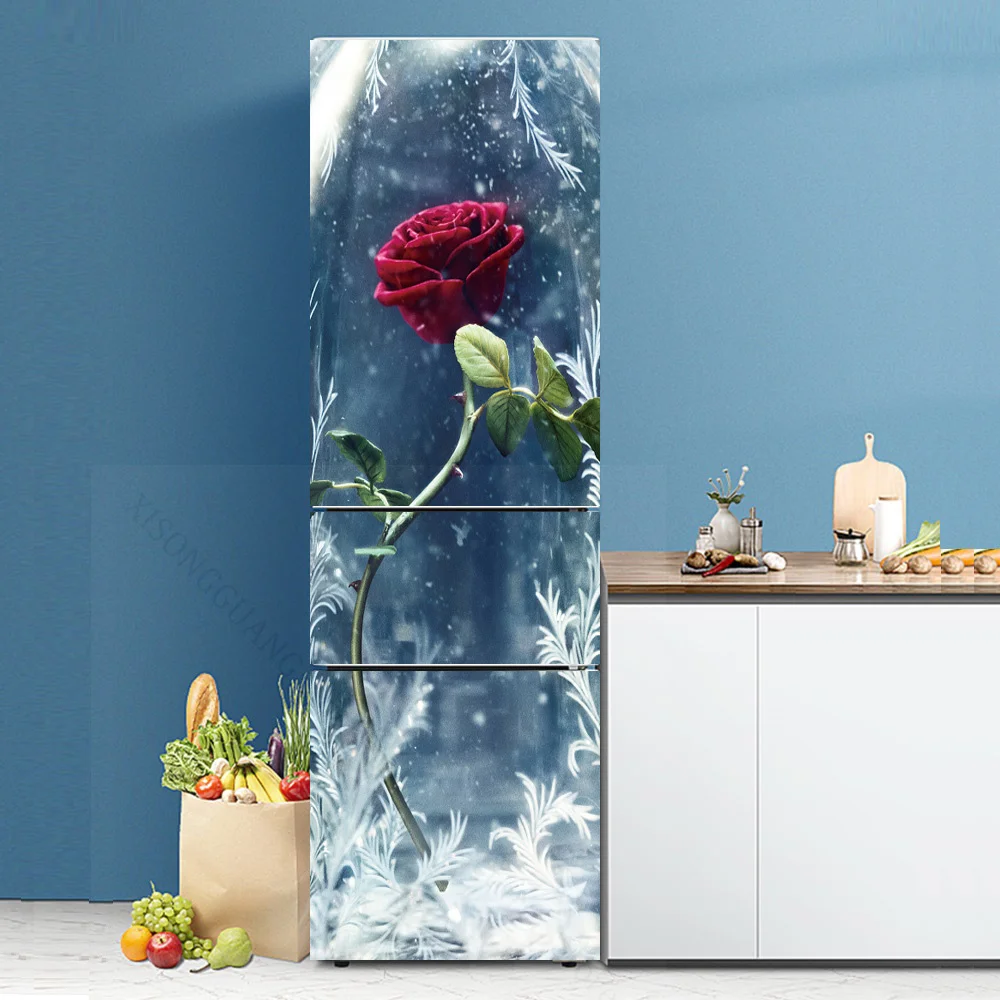 Vintage Self Stick Fridge Wrap Human Flower Beach Vinyl Door Mural Sticker For Refrigerator Peel and Stick Removable Wrap Decal