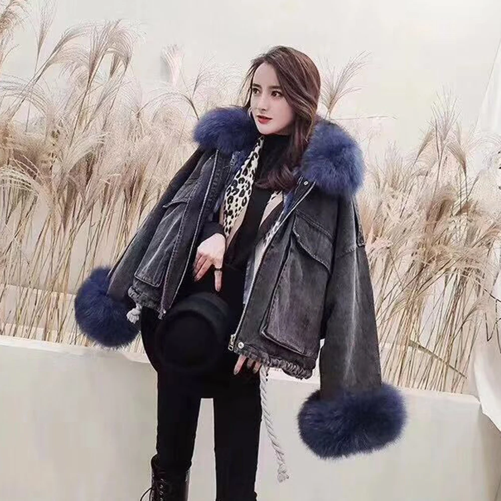 Black Blue fur002 JAZZEVAR Зима новое поступление джинсовая куртка женская свободная одежда верхняя одежда с меховым воротником высокое качество зимная женская куртка W9086 - Цвет: Black Blue fur002