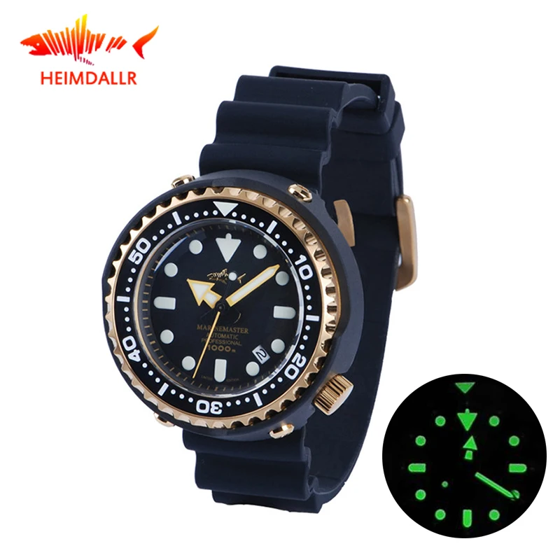HEIMDALLR 1000M Men's Diver Watch Waterproof Golden Plated Black PVD Coated Case NH35A Automatic Watches Tuna Mechanical | Наручные