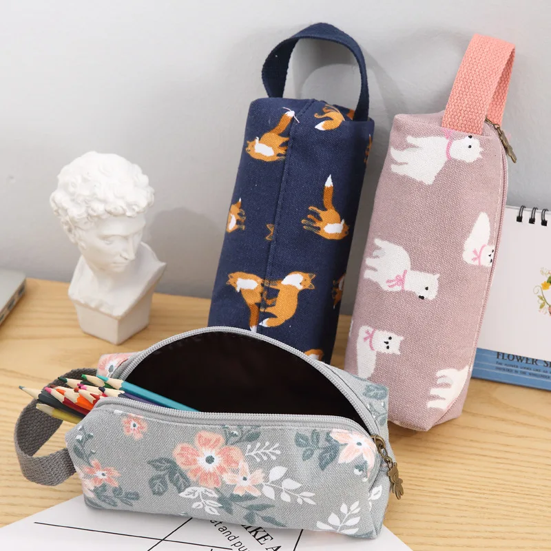 Kawaii Pencil Case Animal Pattern Canvas School Stationery for Girl