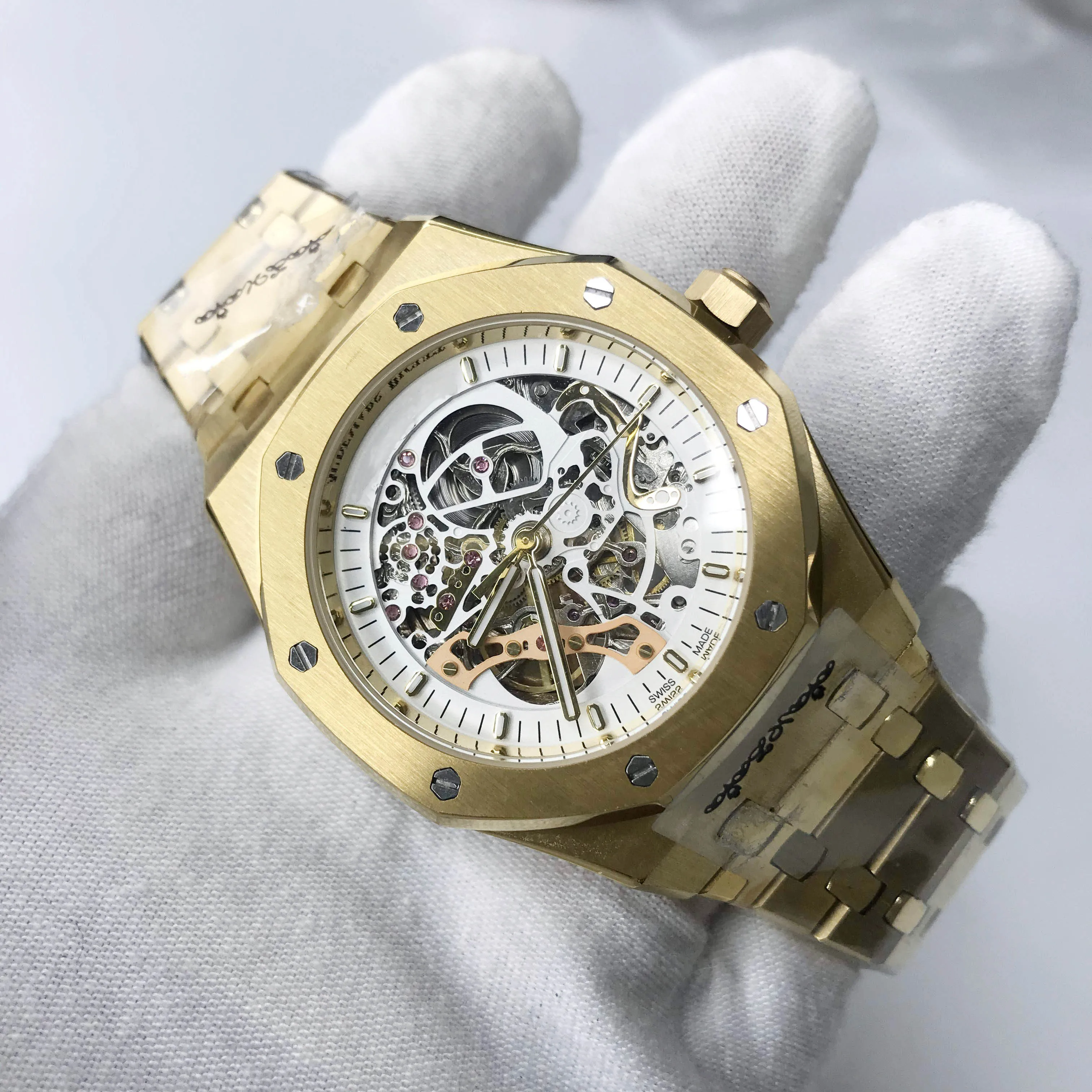Gold Automatic luxury brand A-p Limited Royal Balance Wheel Open worked Oak Watches white Dial 15407 Watch 41mm Men 2020 new | Наручные
