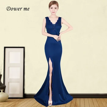 

V-neck Evening Dresses GDX360 Long Navy Blue Elegant Mermaid Evening Gowns For Women Beading Sleeveless Split Robe De Soiree