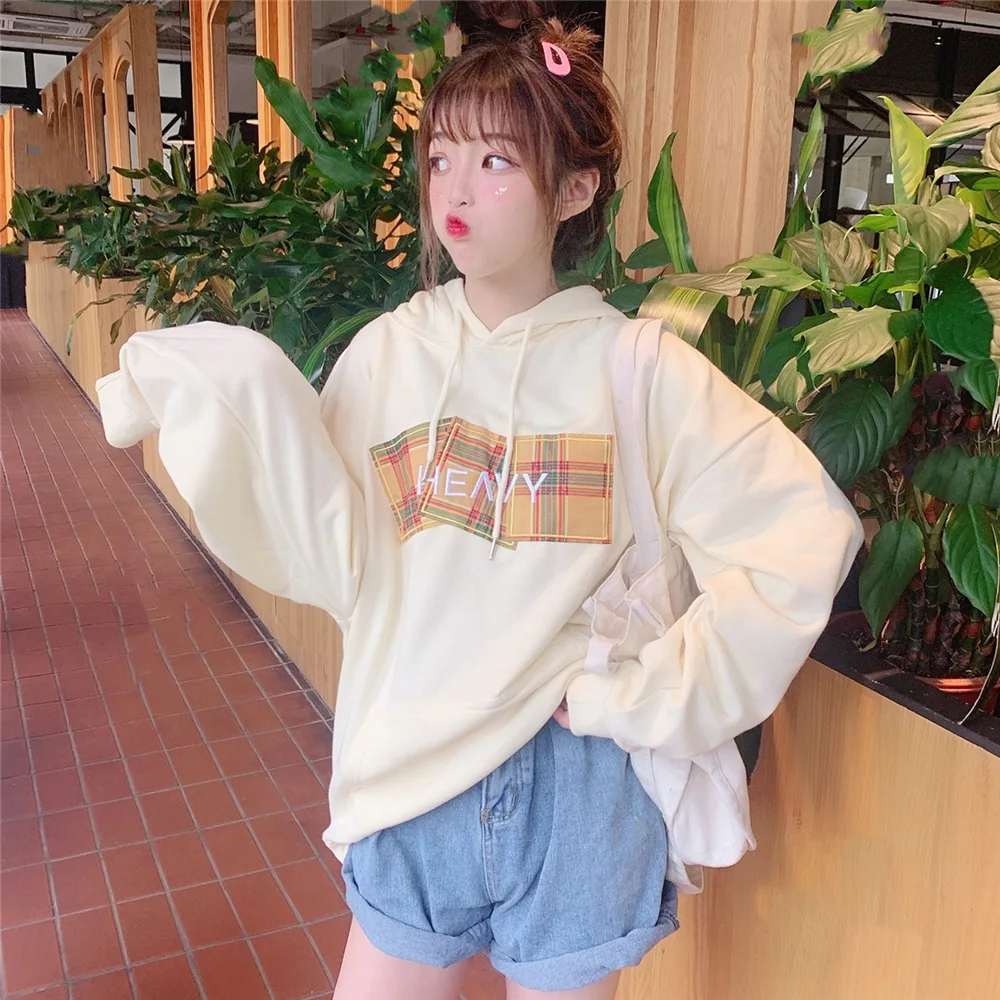 

2019 Autumn And Winter New Style Korean-style Loose-Fit Embroidered Cartoon Lettered Hoodie Women's Brushed And Thick Casual Coa