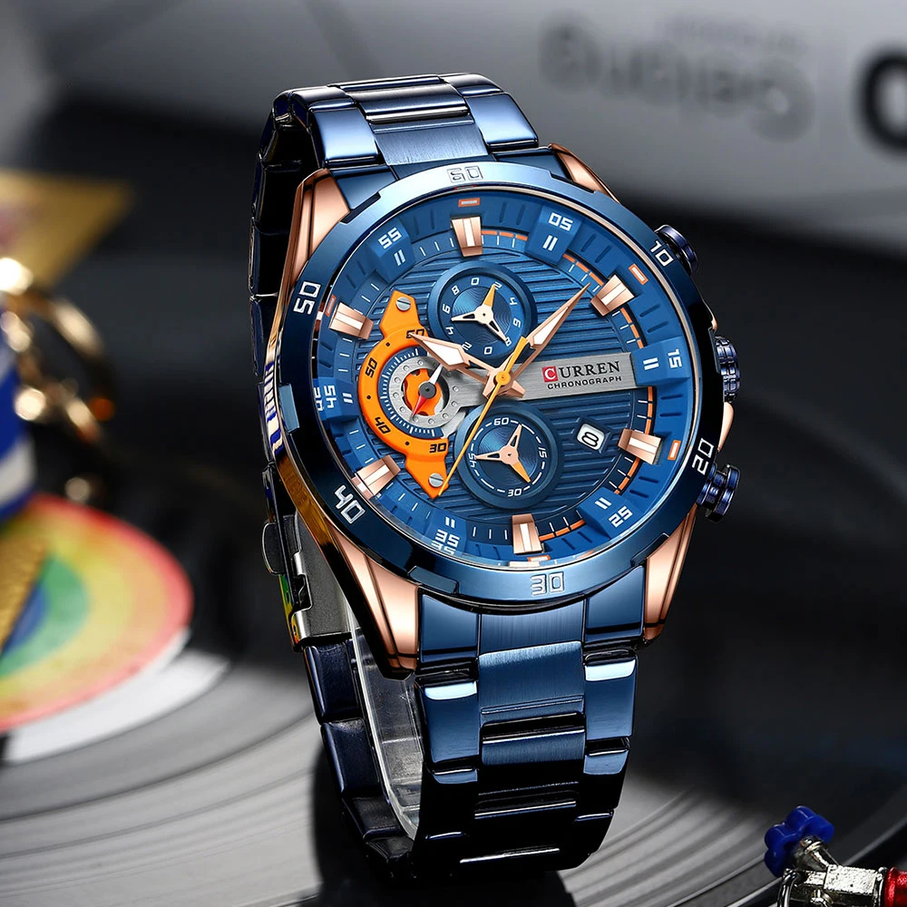 CURREN Orologio Da Uomo Cronografo Al Quarzo - Cinturino In Pelle, Cassa 47 Mm, Datario, Impermeabile 3 ATM, Colore Argento/blu