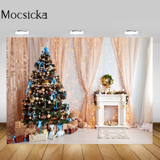 Mocsicka Christmas Living Room Backgrounds Christmas Tree Fireplace Garland Xmas Backdrop Decorations Newborn Photography Props Style-18