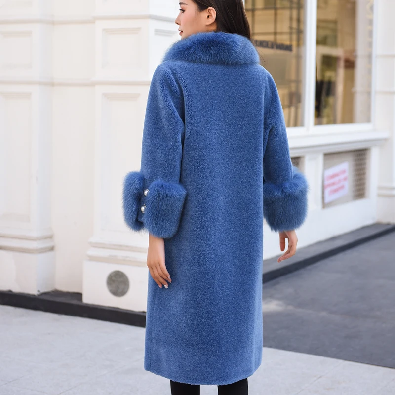 

Real Fur Coat Women Natural Fox Fur Collar Wool Jacket Female Clothes 2020 Korean Vintage Long Sheep Shearing Coats LL916