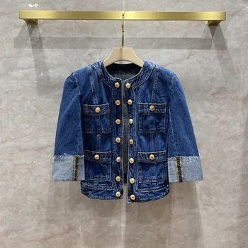 

Luxury Brand Women Short Denim Jacket Cardigan 2020 Autumn High-end Casual O-Neck Shoulder Padding Sleeve 4 Pockets Jean Jackets