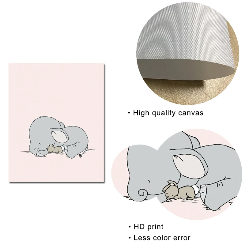 Мультяшный постер с изображением слона кролика милая Картина на холсте розовая и