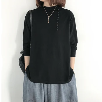 

Half High Neck Buttons Knitwear Women's Early Autumn New Loose Fit Thin Long Sleeve Top Cover Black Thin Sweater Ropa Mujer