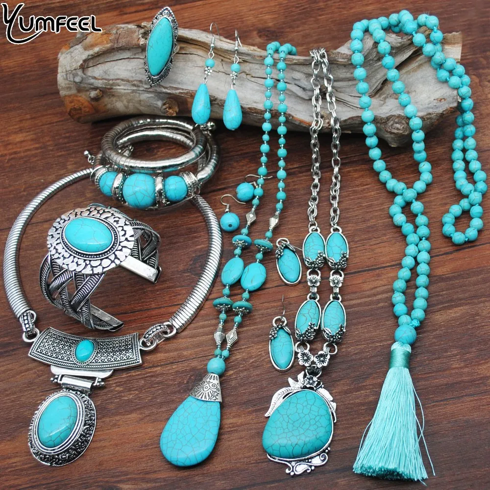 Best Buy Turquoise Bracelet Jewelry-Set Earring-Ring Necklace Silver-Plated Women New Yumfeel zOK6xo0GZ