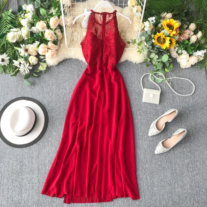 2020 Sexy Halter Neck Lace Patchwork Maxi Long Dress Elegant Summer Party Women Tank Sundress Sexy Split Casual Evening Vestidos