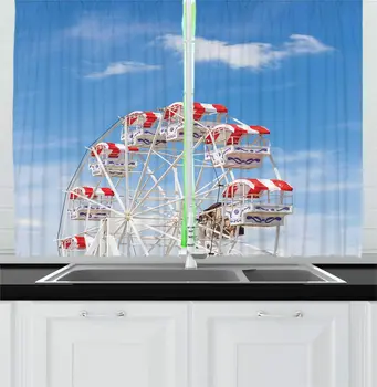 

Pale Blue White Santa Monica Pier Kitchen Curtains Ferris Wheel Clear Blue Summer Sky Background Window Drapes