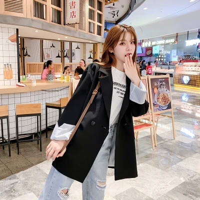 2020 Autumn Spring Female Black Chic Suit Coat Black Casual Clothes Double Breasted Pockets Women Blazers And Jackets Coats