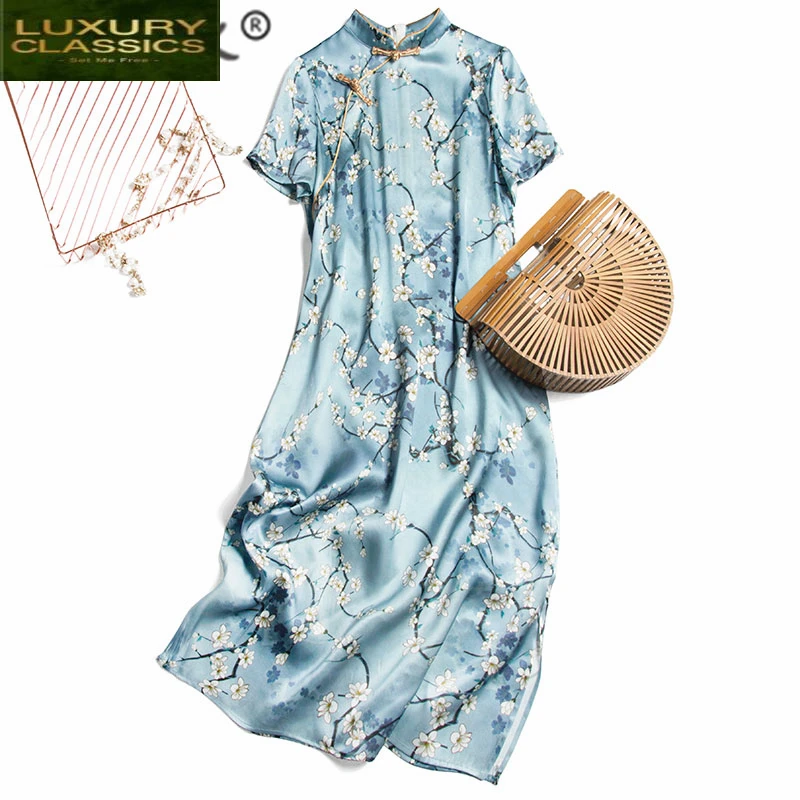 

Summer Vintage Real Silk Dress Women Clothes 2021 Elegant Ladies Floral Long Dresses Woman Boho Party Vestidos Robe A0030