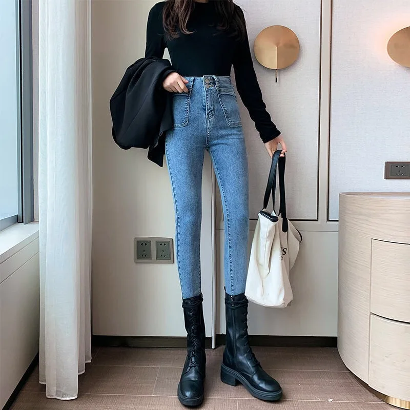 

Autumn Winter Jeans Women High Waist Denim Jeans Straight Slim Tight Sexy Jeans Oversized Vintage Female Korean Pencil Pants