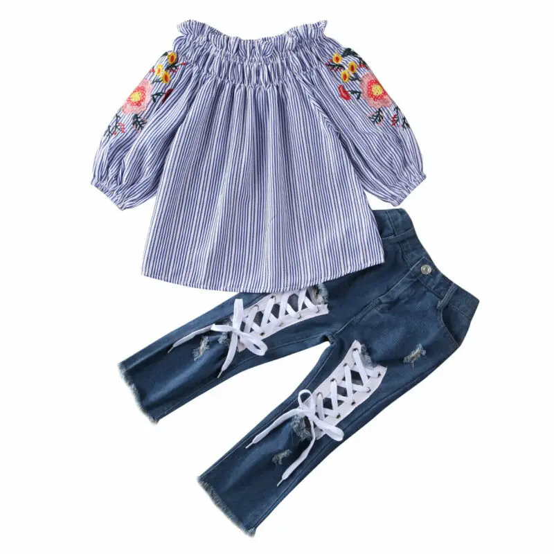 

3-8Y Children Kids Girls Clothes Streetwear 2Pcs Sets Off Shoulder Embroidered Sleeve Tops Holes Lace-up Denim Pants Outfits