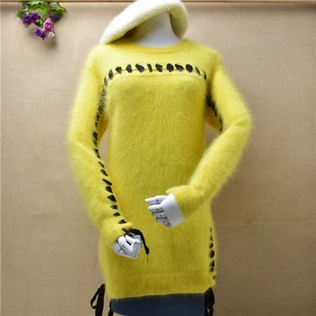 

ladies women fashion yellow cute silk ribbon mink cashmere long sleeves slim pullover angora rabbit fur winter jumper sweater