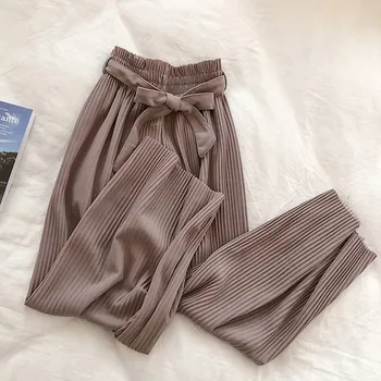 

Women's Pleated Wide Leg Pants With Belt Office Ladies High Waisted Black Loose Trousers Ladies 2020 Spring Solid Clothes Female