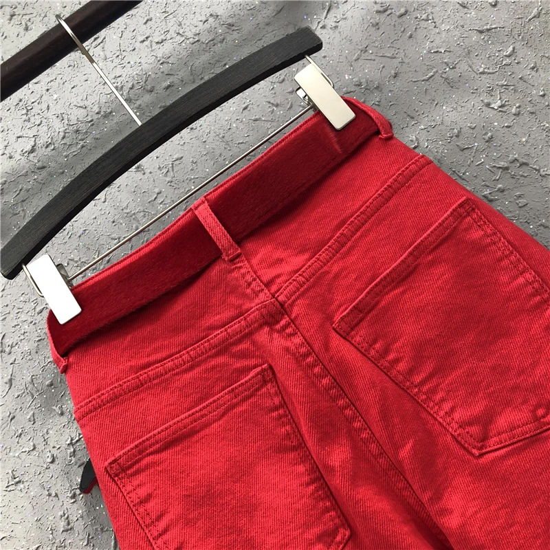 Осенние модные красные джинсы Hallem женские повседневные брюки ковбойские брюки с дырками Высокая талия Джинсы бойфренда для женщин Befree плюс размер