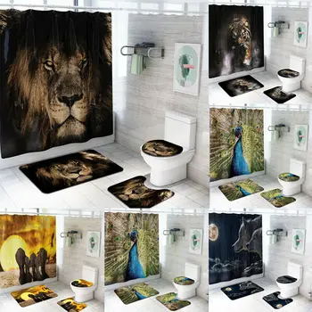 

4PCS/Set Bathroom Moon Wolf Non-Slip Pedestal Toilet Lid Seat Cover Bath Mat Pedestal Rug Polyester Shower Curtain Set