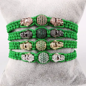 New Fashion CZ Micro Pave Ball Brass Buddha Head Charm Cord Braided Macrame Bracelet Women Men