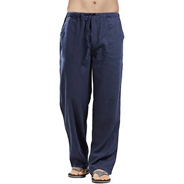 Summer Men Solid Color Linen Multi-pocket Straight Casual Pants Plus Large Size Breathable Comfortable Drawstring Loose Trousers Navy Blue