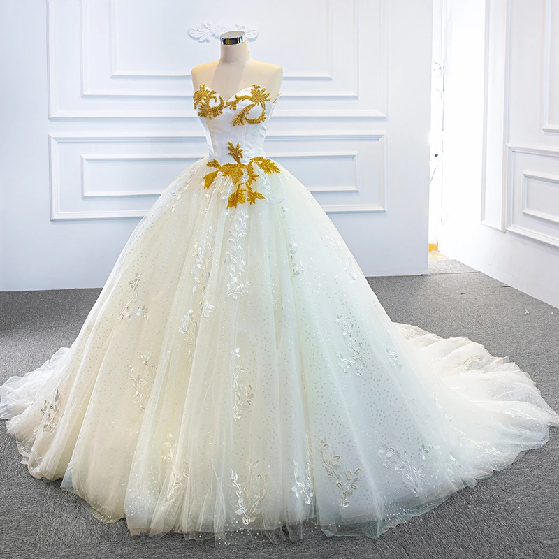 J66939 Jancember Simple Strapless Tulled Wedding Dresses 2021 Sleeveless Ball Gowns Yellow Beading Lace 3